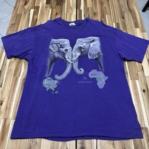 Vintage Nature Shirt Mens 2XL Hanes Purple Elephants Double Side Asia Africa 90s